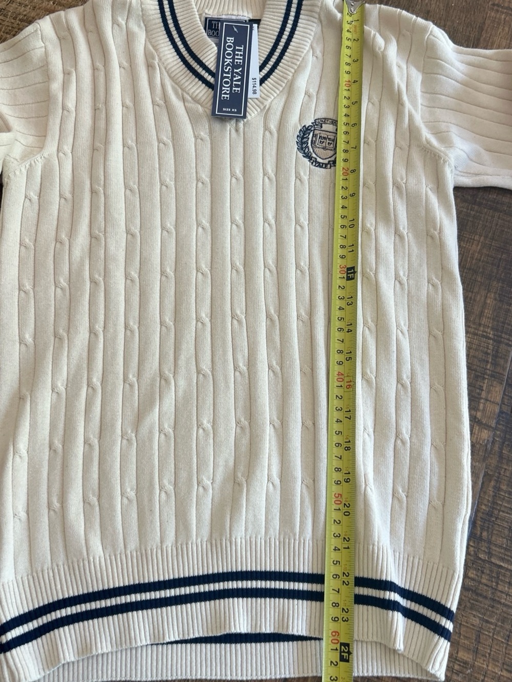 Women's Yale university Cream V-Neck Cable Sweater with Navy Trim - Picture 3 of 3